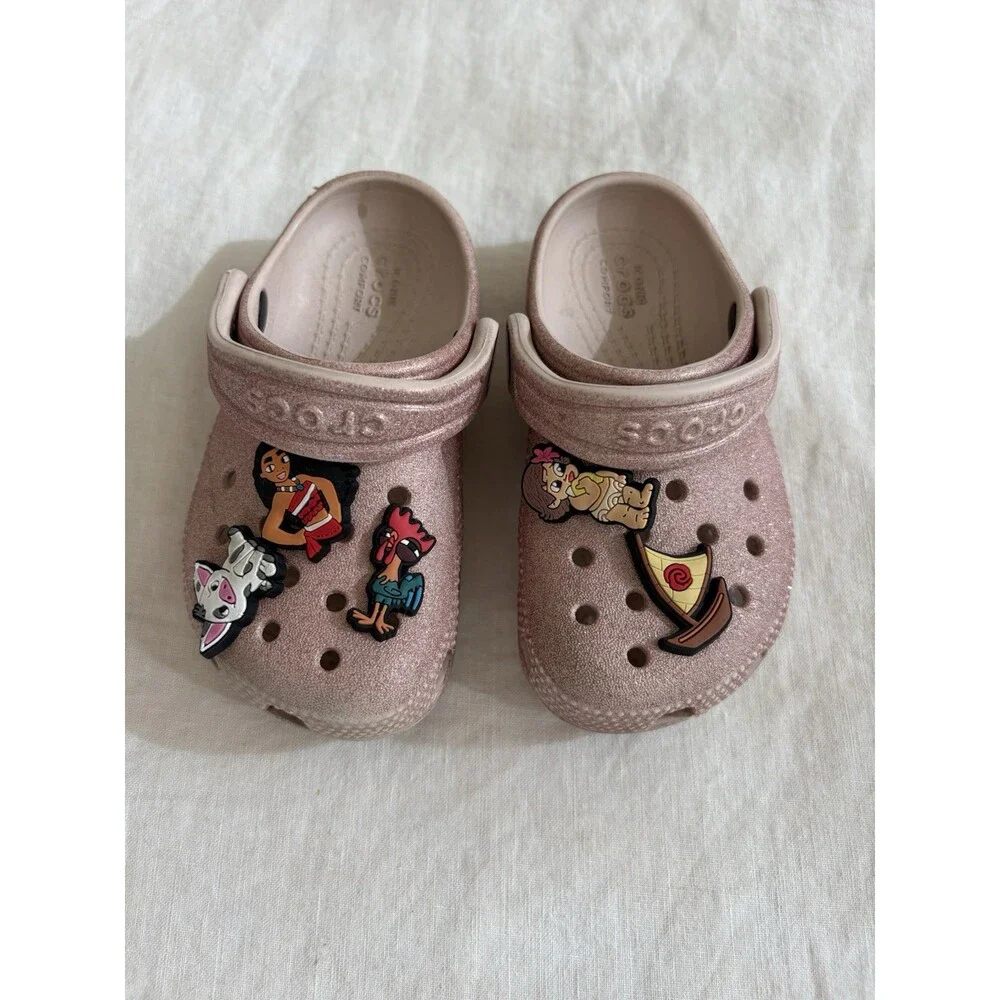 Crocs Classic Clog Light Pink Glittery Size 8C With 5 Charms
